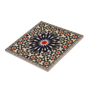 Azulejo De Cerâmica Azul Marinho Autêntico e Vermelho Zellij Marroquin