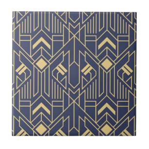 Azulejo De Cerâmica Azul Marinho Dourado Padrão Geométrico Art Déco