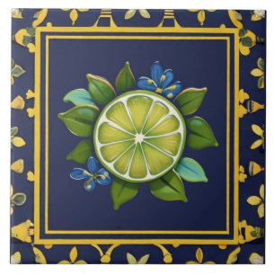 Azulejo De Cerâmica Azul Marinho & Lima Verde Fruta Cítrica Mediterrân