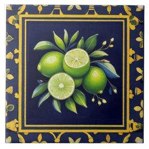 Azulejo De Cerâmica Azul Marinho & Limões Verdes Fruta Cítrica Mediter