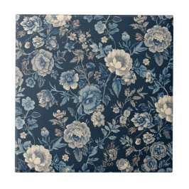 Azulejo De Cerâmica Azul Marinho Padrão Floral Botânico Vintage
