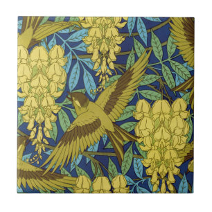 Azulejo De Cerâmica Azul Marinho Vintage com Padrão Floral Amarelo