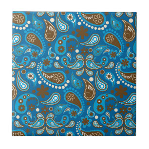 Azulejo De Cerâmica Azul Marrom Paisley Floral Flores Camponês Elegant
