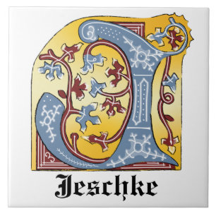 Azulejo De Cerâmica Azul Medieval e Vermelho Ivy Iluminado - Letra J