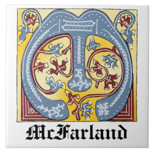 Azulejo De Cerâmica Azul Medieval e Vermelho Ivy Iluminado - Letra M