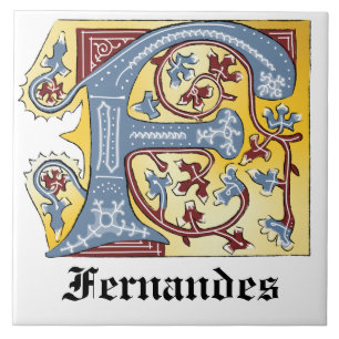 Azulejo De Cerâmica Azul Medieval e Vermelho Ivy Iluminados - Letra F
