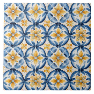 Azulejo De Cerâmica Azul Mediterrâneo & Floral Amarelo