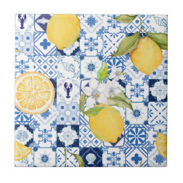 Azulejo De Cerâmica Azul Mediterrâneo Majólica e Limão 