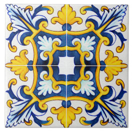 Azulejo De Cerâmica Azul Mediterrâneo ornamentado E Amarelo