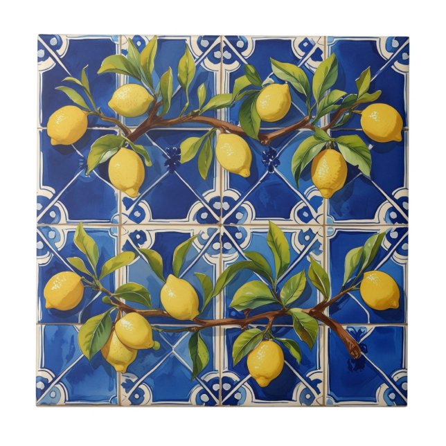 Azulejo De Cerâmica Azul mediterrânico e limões tradicionais (Frente)
