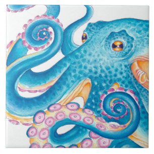 Azulejo De Cerâmica Azul Octopus Kraken Laranja Cor de Água Rosa Azul