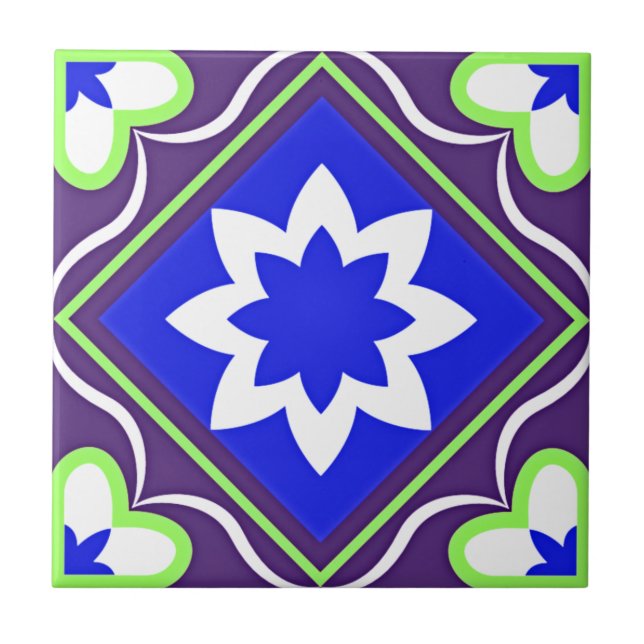 Azulejo De Cerâmica Azul Ornamental, branco roxo, verde (Frente)