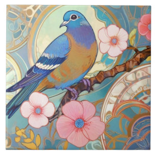 Azulejo De Cerâmica Azul Pigeon Pird Flores Florais, Rosa, Flores Aqua