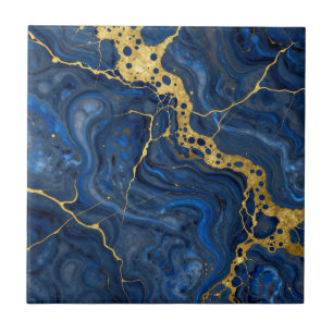 Azulejo De Cerâmica Azul Profundo Veias Douradas Abstrato