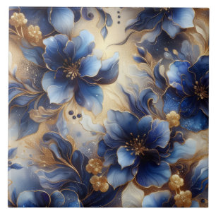 Azulejo De Cerâmica Azul Real e Floral de Tinta Álcool Dourada
