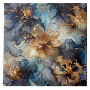 Azulejo De Cerâmica Azul Real e Floral de Tinta Álcool Dourada