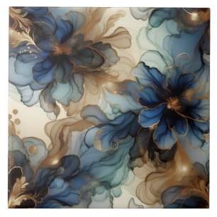 Azulejo De Cerâmica Azul Real e Floral Dourado Tinta Álcool