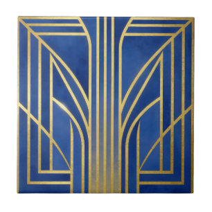 Azulejo De Cerâmica Azul Real Ouro Art Déco