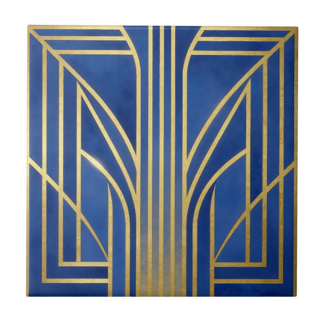 Azulejo De Cerâmica Azul Real Ouro Art Déco (Frente)