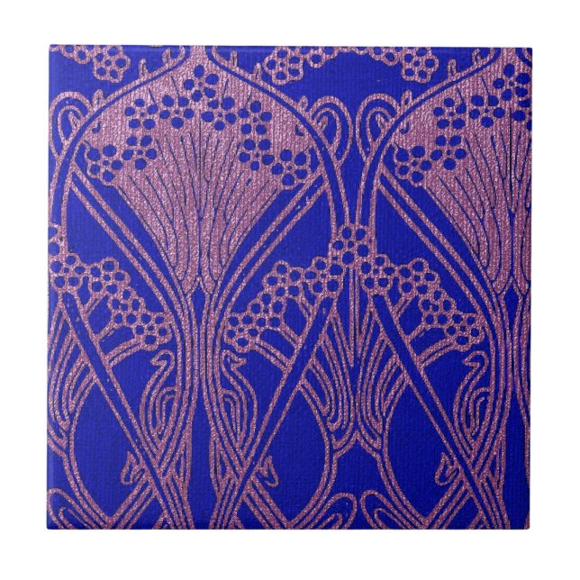 Azulejo De Cerâmica Azul real, padrão Art nouveau, roxo real, flora (Frente)