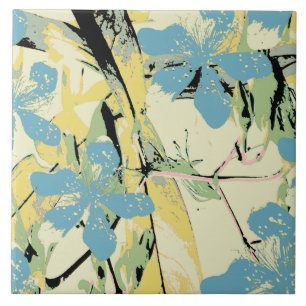 Azulejo De Cerâmica azul retro-flor e amarelo