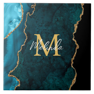 Azulejo De Cerâmica Azul Teal e Agato Marble Dourado