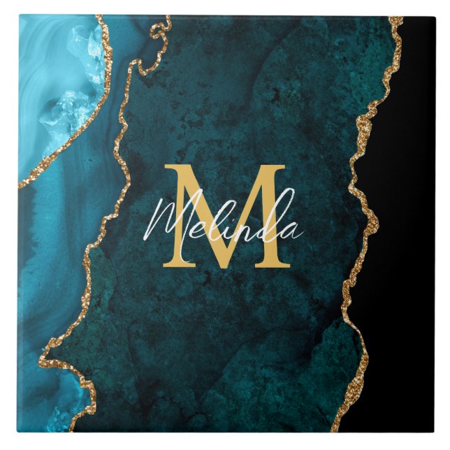 Azulejo De Cerâmica Azul Teal e Agato Marble Dourado (Frente)