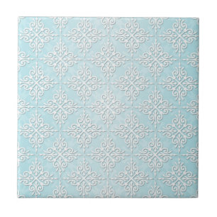 Azulejo De Cerâmica Azul Teal Pastel e Padrão Damask Branco