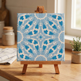 Azulejo De Cerâmica Azul Texturizado Branco Floral Simétrico Estilizad