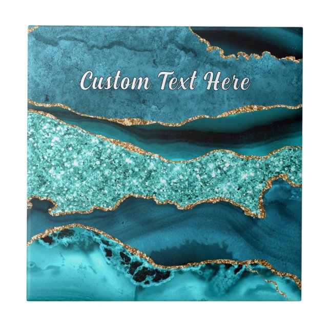 Azulejo De Cerâmica Azul Turquesa Dourado Mármore Texto Personalizado  (Frente)