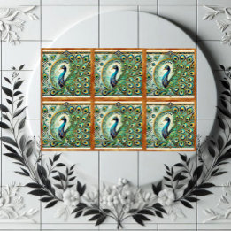 Azulejo De Cerâmica Azul Verde Majestoso Motivo de Penas de Pavão Dour