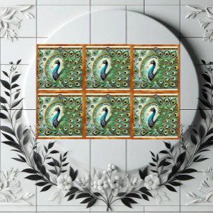 Azulejo De Cerâmica Azul Verde Majestoso Motivo de Penas de Pavão Dour