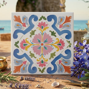 Azulejo De Cerâmica Azul Vibrante e Rosa Arte Folclórica Floral Decora
