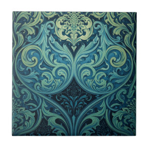 Azulejo De Cerâmica Azul Vintage E Arte Nova Floral Verde