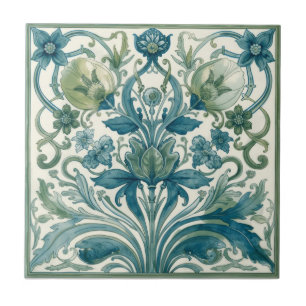 Azulejo De Cerâmica Azul Vintage e Floral Art Nouveau Verde