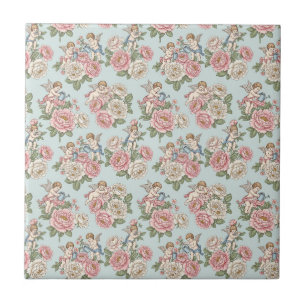 Azulejo De Cerâmica Azul Vintage e Rosa Coquette Querubim Anjo Rosa