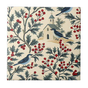 Azulejo De Cerâmica Azul Vintage Holly Natal Creme Vermelho