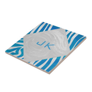Azulejo De Cerâmica Azul Zebra e Branco com Monograma