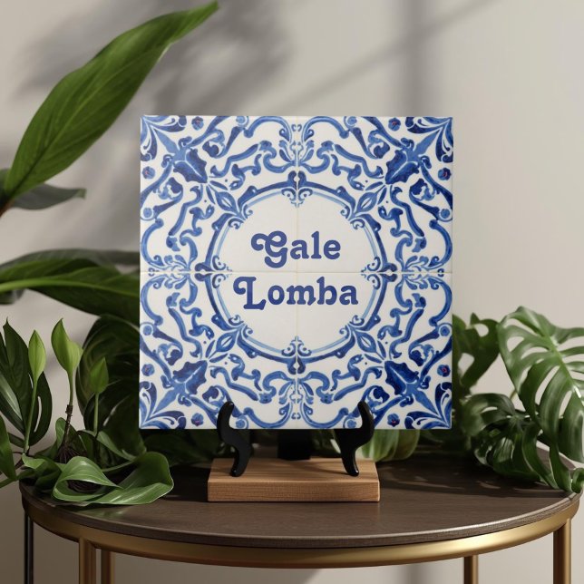 Azulejo De Cerâmica Azulejo Blue Custom House Name Plate Plaque Sign  (Azulejo Mediterranean Blue & White Custom House Name Or Family Name Plaque Sign Square Ceramic Tile)