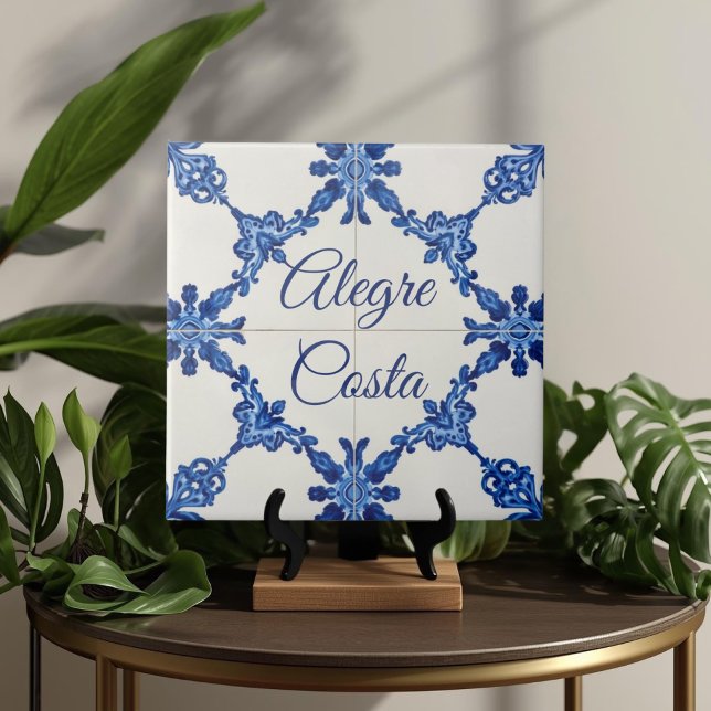 Azulejo De Cerâmica Azulejo Blue Custom House Name Plate Plaque Sign  (Azulejo Mediterranean Blue & White Custom House Name Or Family Name Plaque Sign Square Ceramic Tile)