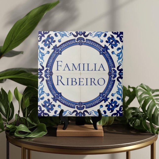 Azulejo De Cerâmica Azulejo Blue Custom House Name Plate Plaque Sign  (Azulejo Mediterranean Blue & White Custom House Name Or Family Name Plaque Sign Square Ceramic Tile)