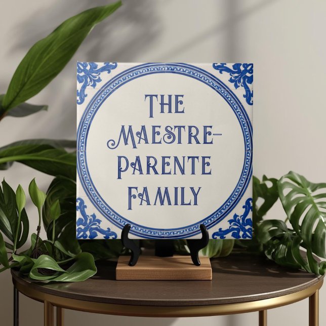 Azulejo De Cerâmica Azulejo Blue Custom House Name Plate Plaque Sign  (Azulejo Mediterranean Blue & White Custom House Name Or Family Name Plaque Sign Square Ceramic Tile)