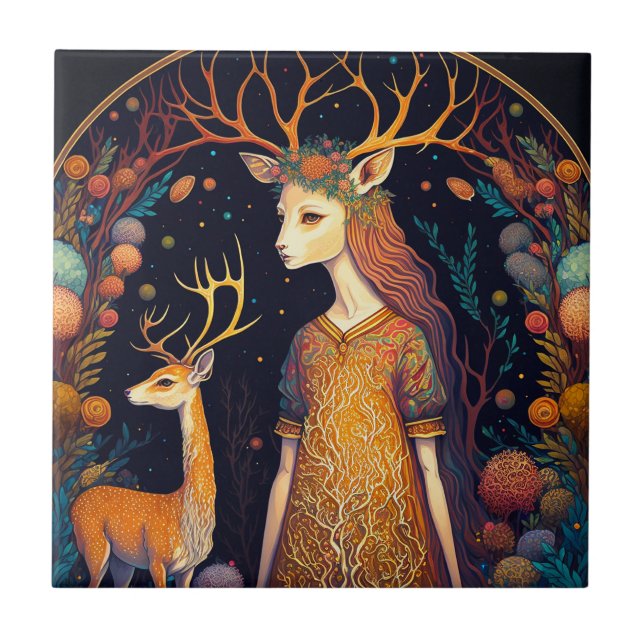 Azulejo De Cerâmica Azulejo Cerâmica Deer Lady Fantasy Art (Frente)