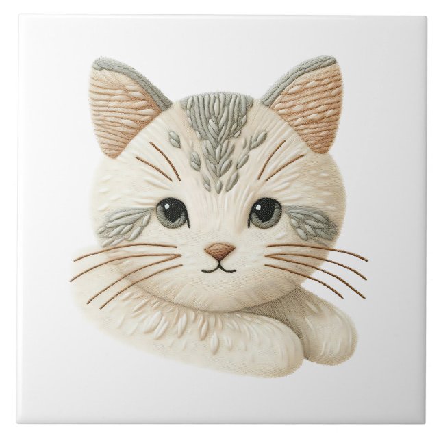 Azulejo De Cerâmica Azulejo cerâmico bordado com decoração de Gatinho  (Frente)