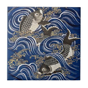 Azulejo De Cerâmica Azulejo Cerâmico de Ondas de Carpas Koi Japonesas 