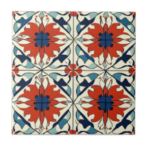 Azulejo Cerâmico de Padrão Vermelho Azul e Branco