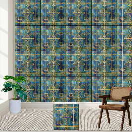 Azulejo De Cerâmica Azulejo-chave grego luxuoso em Teal e Dourado