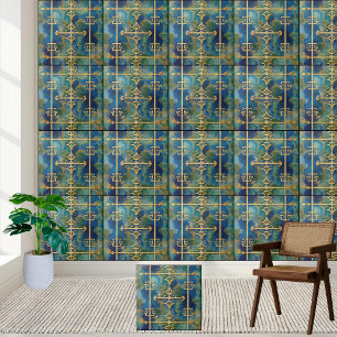 Azulejo De Cerâmica Azulejo-chave grego luxuoso em Teal e Dourado