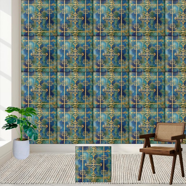 Azulejo De Cerâmica Azulejo-chave grego luxuoso em Teal e Dourado (Luxurious Greek Key Tile in Teal and Gold)
