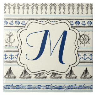 Azulejo De Cerâmica Azulejo de Exibição do Monograma da Corda Náutica